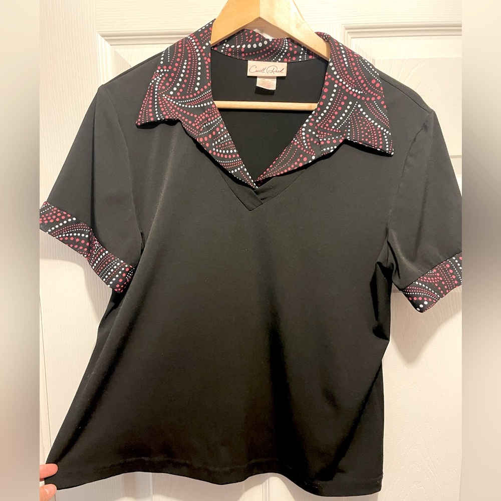 🇨🇦 Made in Canada vintage Caroll Reed black patterned collar cuff 3/4 shirt